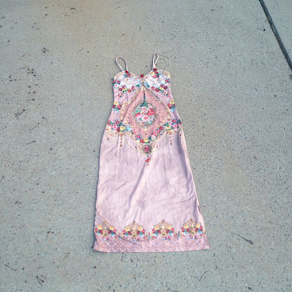 SHEIN ICON Baroque Floral Print Cami Maxi Dress High Split Slit Pink Size Small